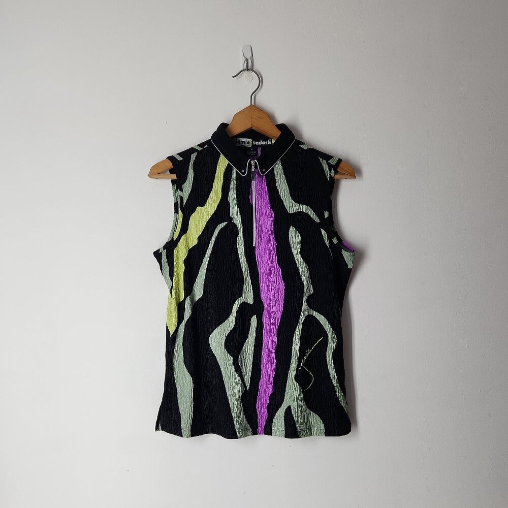 Jamie Sadock black colorful neon abstract crinkle plisse sleeveless Golf Top M - Picture 8 of 8